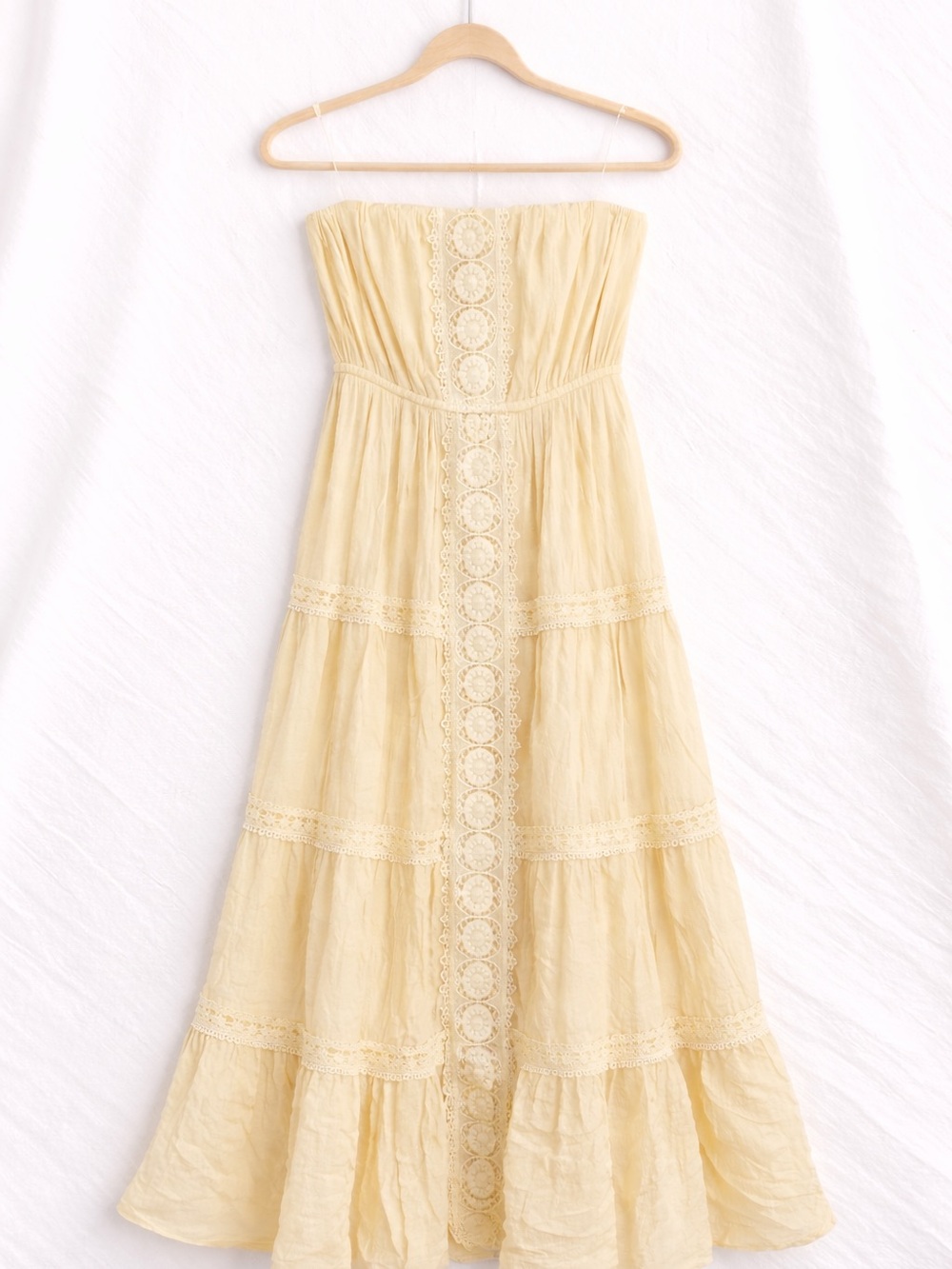 Strapless Yellow Lace Tiered Maxi Dress Boho Summer